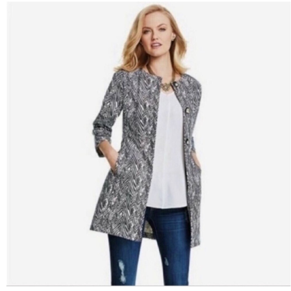 Cabi 3034 Black White Chevron Zig Zag Print 3/4 Sleeve Button Front Jacket Small